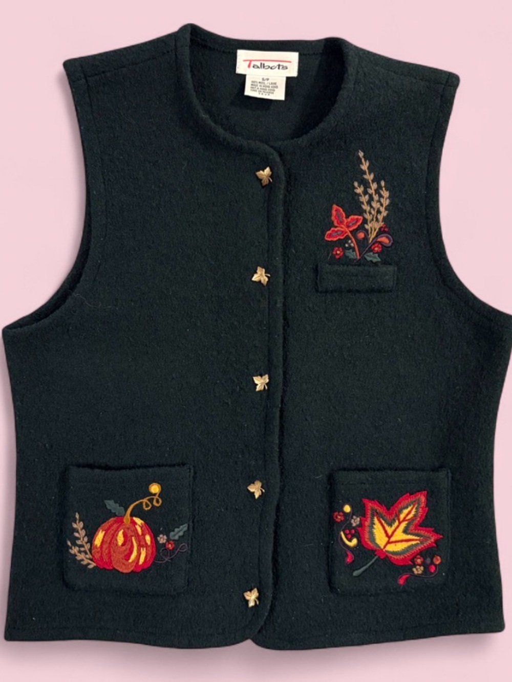 Vintage Talbots Wool Vest Womens S Embroidered Pumpkin Leaves Fall Autumn
